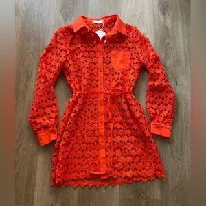 rumer capri orange floral embroidered collared sheer mini button front dress NEW